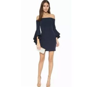 MILLY Women's Selena Off The Shoulder Mini Dress Ruffle Sleeves Navy Bodycon 0